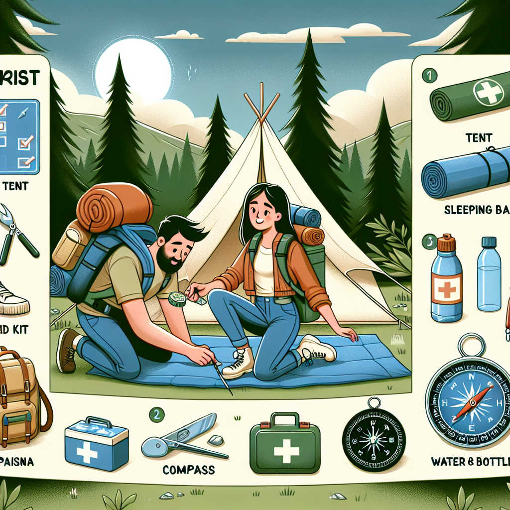 Couple setting up a tent in forest with camping gear and survival checklist for a safe first camping trip.