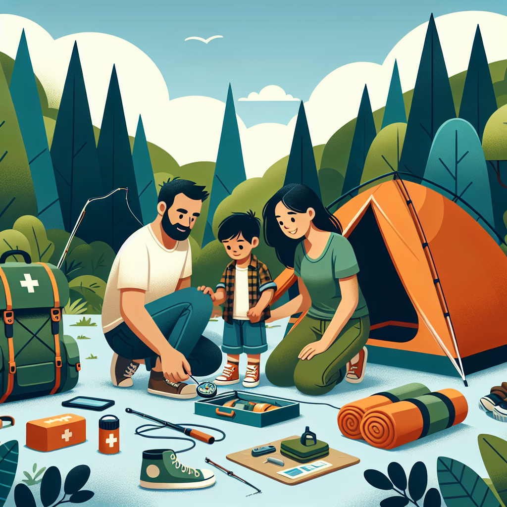 Family setting up first aid and camping gear near a tent in the forest for a safe beginner camping trip.