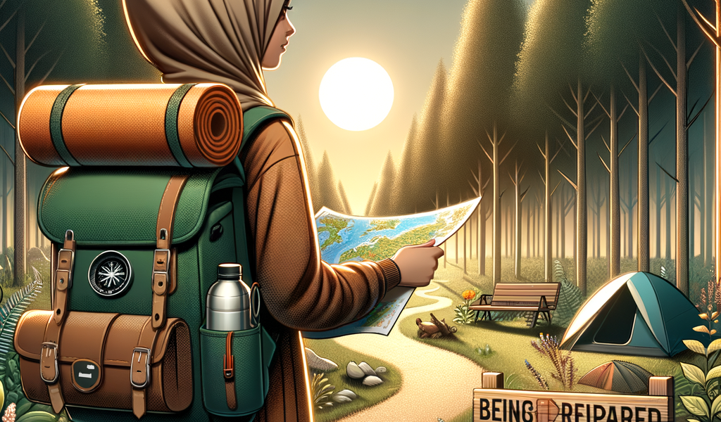 Woman in hijab hiking with backpack and map in forest campsite at sunset for beginners camping guide.