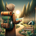 Woman in hijab hiking with backpack and map in forest campsite at sunset for beginners camping guide.