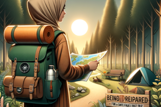Woman in hijab hiking with backpack and map in forest campsite at sunset for beginners camping guide.