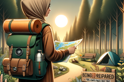 Woman in hijab hiking with backpack and map in forest campsite at sunset for beginners camping guide.