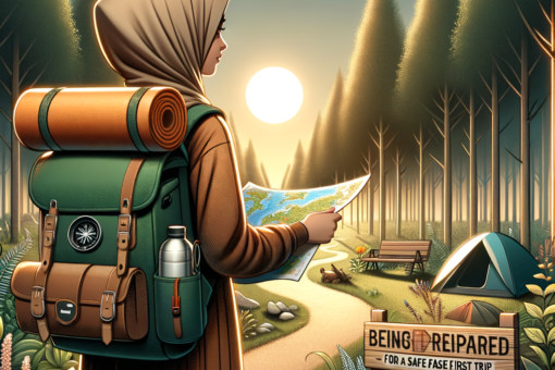 Woman in hijab hiking with backpack and map in forest campsite at sunset for beginners camping guide.