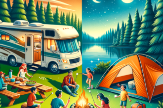 Illustration of RV vs Tent Camping: Family-Friendly Comparison for Traveling the USA