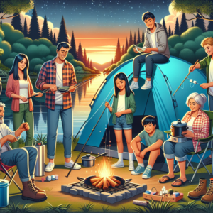 Family gathered around a campfire and fishing by a lake at sunset during a camping trip.