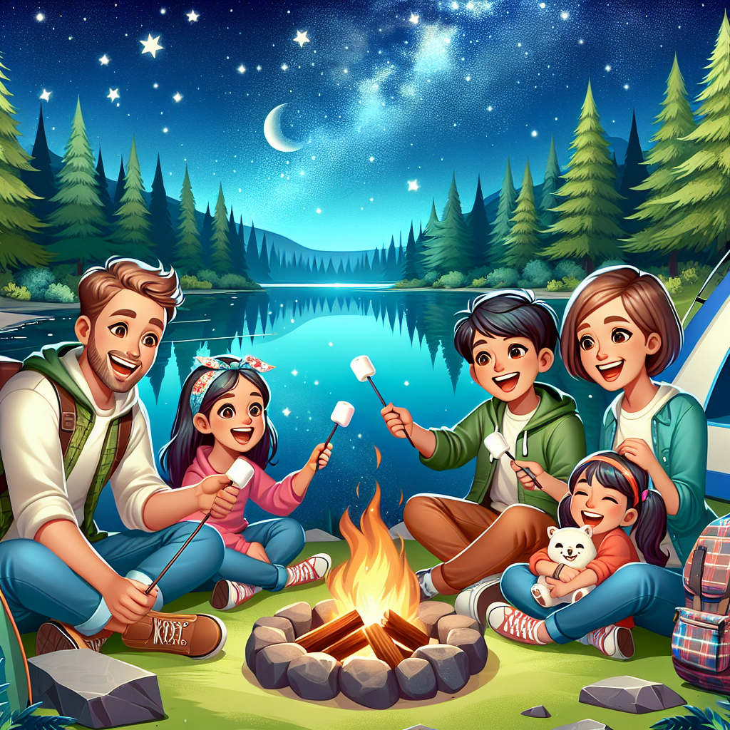 Benefits of a Family Camping Trip Family gathered around a campfire by a lake at night, enjoying quality time under a starry sky.