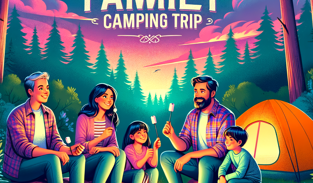 Family gathered around a campfire near a tent in a forest, enjoying a camping trip together.