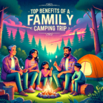 Family gathered around a campfire near a tent in a forest, enjoying a camping trip together.
