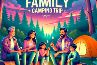 Family gathered around a campfire near a tent in a forest, enjoying a camping trip together.
