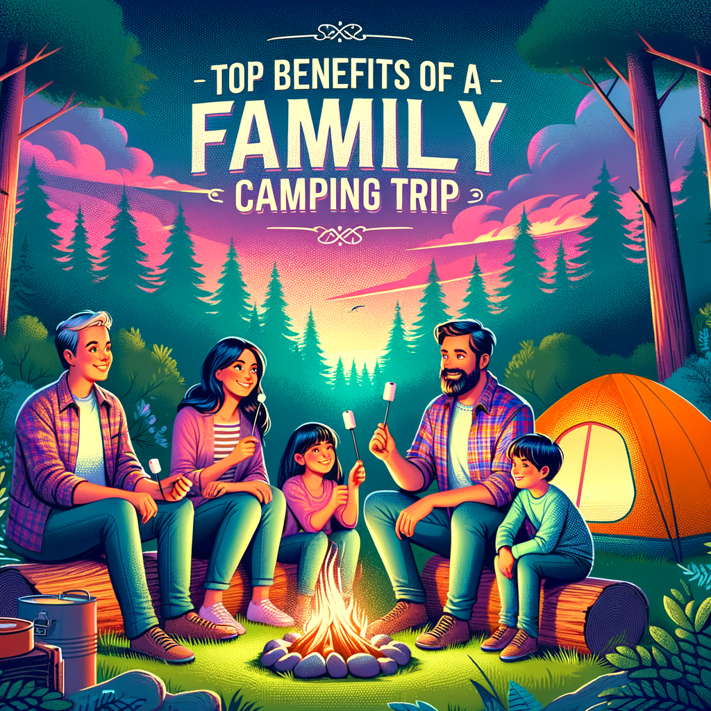 Family gathered around a campfire near a tent in a forest, enjoying a camping trip together.